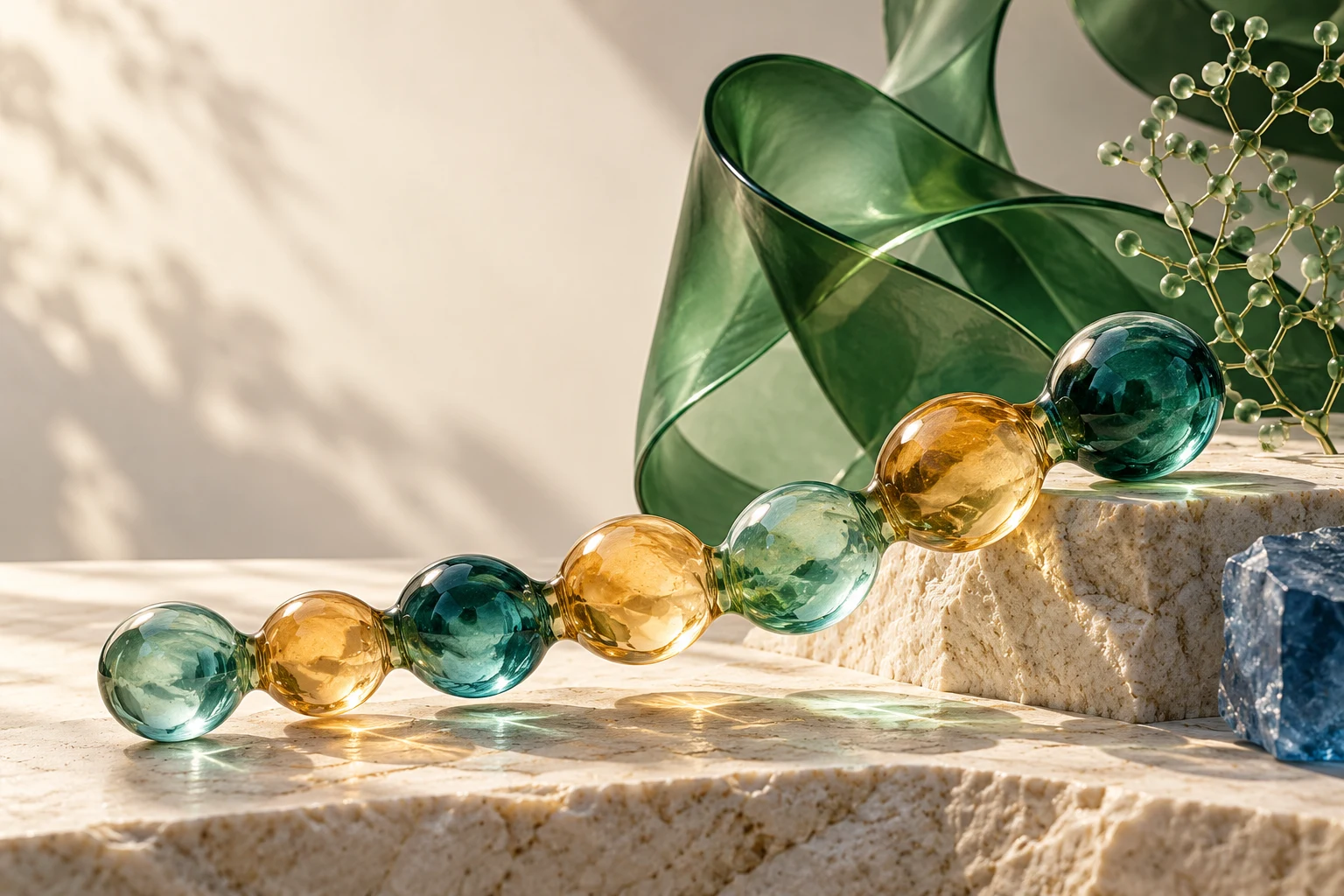 A seven-bead chain beside a long folded green ribbon. A conceptual illustration, not an exact molecule.